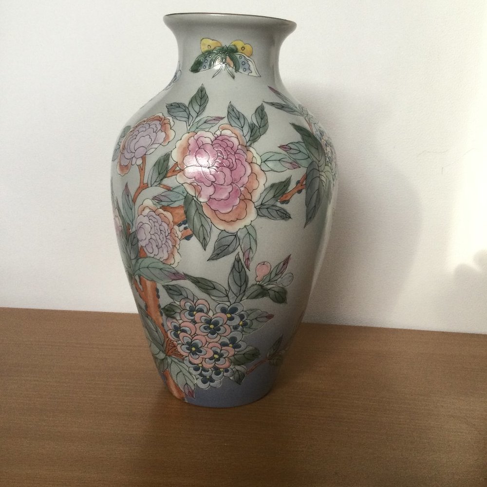 Vintage Chinese hand painted ceramic vase flowers butterfly Toyo 11" tall